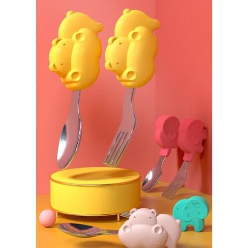 2 PCS Baby Tableware Set Cartoons Children Utensil Stainless Steel Toddler Dinnerware Cutlery Cartoon Infant Food Feeding Spoons