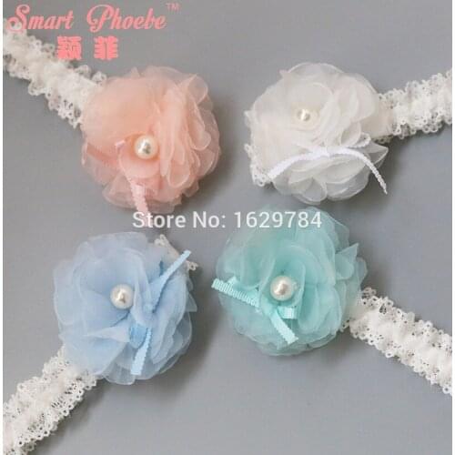 20pcs/4C Fashion Cute Gauze Pearl Flower Girls Hairbands Solid Kawaii Chiffon Bowknot Floral Girls Lace Headbands Headwear
