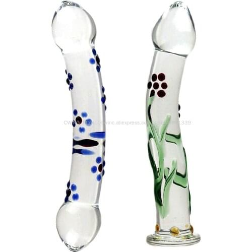 20cm Length Glass Penis Dildo with Flower Dots for Women Sex Toys Transparent