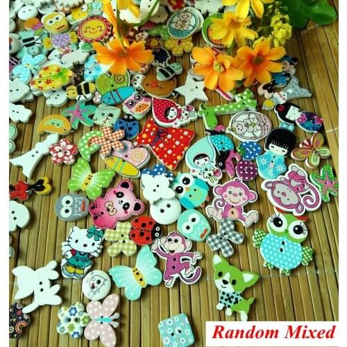 200pcs/lot Random Mixed Pattern 2 Holes Wooden Buttons Painting Sewing Buttons 15-38mm Flatback Scrapbooking botoes