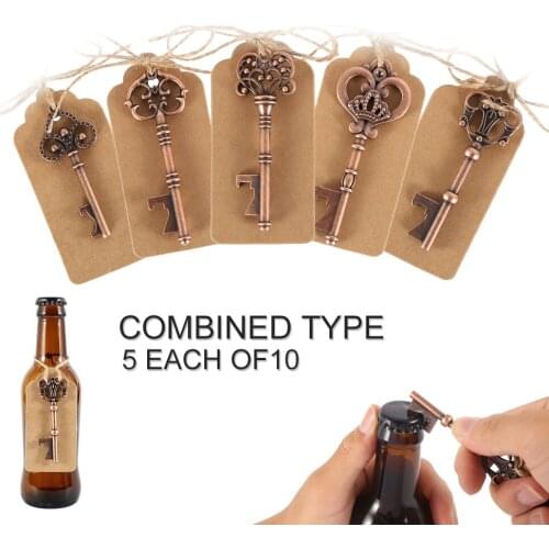 50Pcs/Lot 5 Styles Antique Bronze Metal Skeleton Key Shape Bottle Opener Rustic Wedding Souvenir Decor Gift Party Favor Supplies