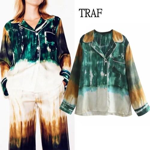 TRAF Za Women Blouse Top 2021 Summer Tie Dye Blouses Female Long Sleeve Loose Casual Vintage Top Female Shirts Blusas Chic Tops
