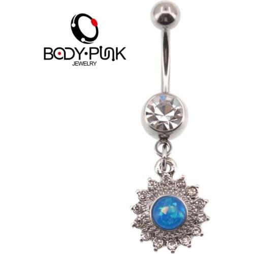 BODY PUNK Sexy Woman Blue Opal Center Sun Dangle Belly Button Ring Barbell Surgical Steel Navel Piercing Body Jewelry