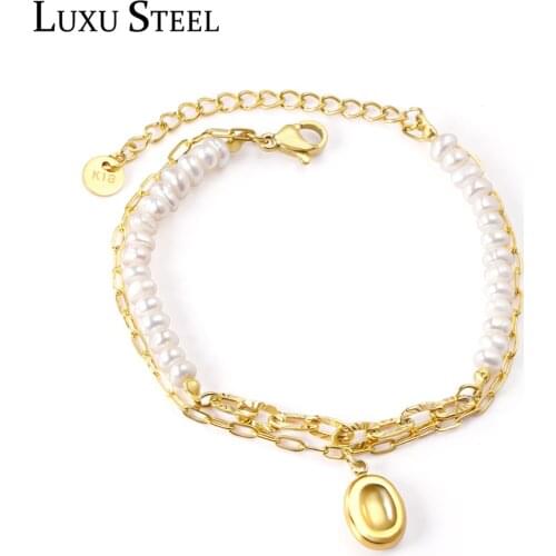 LUXUSTEEL Friendship Bracelets New Multilayer Round Imitation Beaded Llink Chains Bracelets Stainless Steel Concave shape