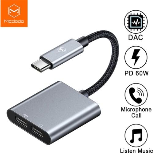 Mcdodo 60W PD USB C To Dual Type-C Headphone Digital Audio Adapter DAC HIFI Aux Cable for IPad Pro Macbook Samsung S10 Note 10 9