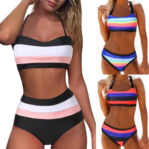 Color matching stripes Women Bandeau Padded Push Up Print High Waist Two Piece Swimwear Halter Tankini maillot de bain fille F4