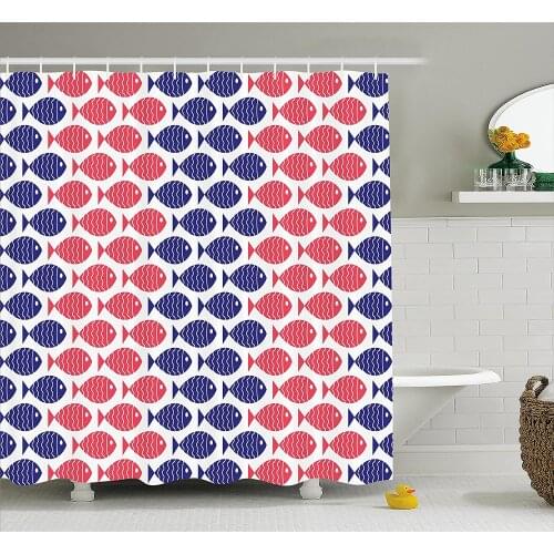 Fish Decor Shower Curtain Nautical Theme Design Illustration of Fish on White Background Print Bathroom Waterproof Curtains