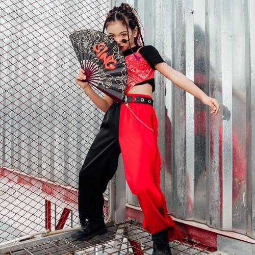 Kids Jazz Clothes Red Printed Vest Fringe Pants Girls Modern HipHop Street Dance Costumes Children Festival Stage Outfit DQL5242