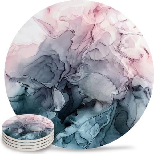 Grey Flowing Abstract Painting Ceramic Coasters Waterproof Tea Cup Mat Christmas Home Decor Coasters for Glasses