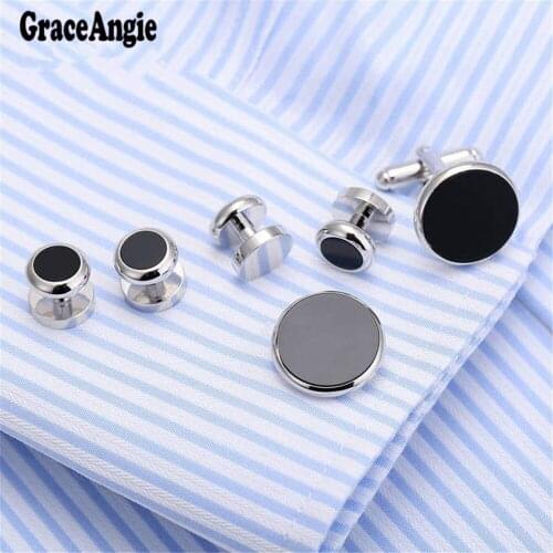 6PCS High End Luxury Metal Cufflinks Tuxedo Studs Set Round Shell Black Titanium Steel High Quality Wedding Abotoaduras