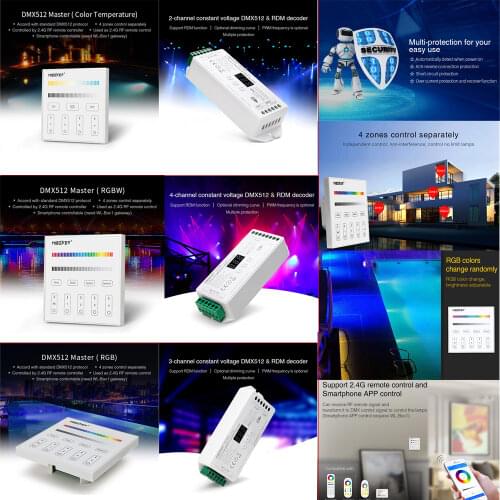 Miboxer Single Color/CCT/RGB/RGBW/RGB+CCT DMX512 Master 2.4G 86 Touch Panel Wall Switch Remote,1/2/3/4/5 CH DMX512&RDM Decoder
