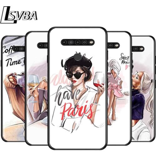 Fashion Girl Coffee for LG G8 G8S G8X V30 V35 V40 V50 V60 ThinQ Q60 K40 K50 K30 K41 K51 K61 K71 K22 Black Phone Case