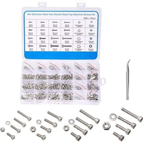 1120x M2 304 Stainless Steel Hex Socket Head ,Machine Screws,Precise Metric Flat Washers Assortment Kit with Wrenches Tweezers