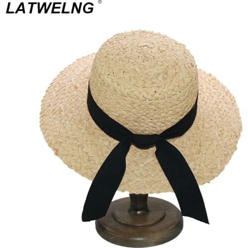 New Women Handmade Raffia Sun Hats fashion Ribbon Bow Beach Hat Summer UV Protective Flat Cap Wholesale Dropshipping