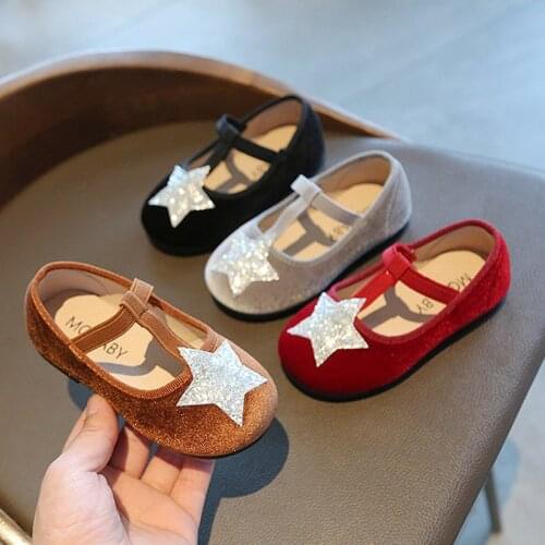 2021 Spring Girls Shoes Velvet T Strap Shoes Star Print Baby Princess Shoes For Child Kids Flats Toddlers Non-slip Black 0-7y