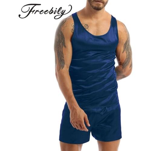 2Pcs Men Silk Satin Pajamas Sleeveless Tank Top Shorts Set Sleepwear Nightwear Casual Loungewear Home Wear