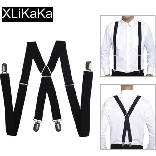 Men Suspenders Solid Color Black Polyester Elastic Adult Belt X-Shape Braces with 4 Clips Women for Wedding Party