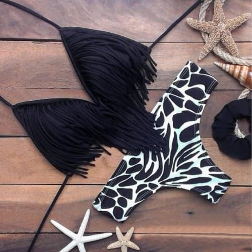 Push-up Padded Bra Tassel Swimsuit Bathing Bikini Set printing Swimwear Bathing Suits Sexy Women Tassel Bikini Set Swimwear 2021