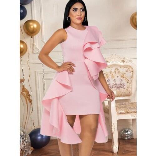 Pink Dress O Neck Sleeveless Ruffles Irregular Bodycon Cocktail Evening Birthday Party African Gowns Dresses for Women XXL 2021