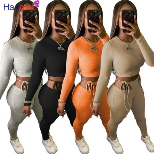 HAOOHU Sexy Bodycon 2 Piece Set Tracksuit for Women Long Sleeve Crop Top and Skinny Legging 2021 Streetwear Matching Outfit