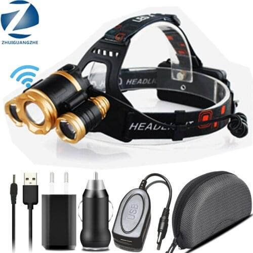 Sensor LED Headlamp T6 Head Flashlight Torch Zoomable Rechargeable Light Forehead Lamp Fishing Headlight Powerbank 18650 Battery