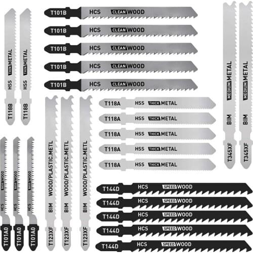 SHGO HOT-25 Pcs T Shank Jig Saw Blade Set, T-Shank Blades for Wood, Plastic and Metal Cutting