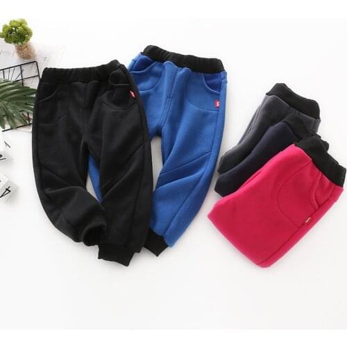 2021 new medium and big childrens polar fleece casual pants solid color boys and girls warm long trousers