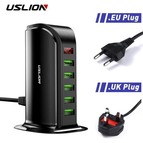 USLION 5 Multi Port USB Charger Hub For Mobile Phone EU UK Plug LED Display USB Charging Desktop Station Dock Chargers