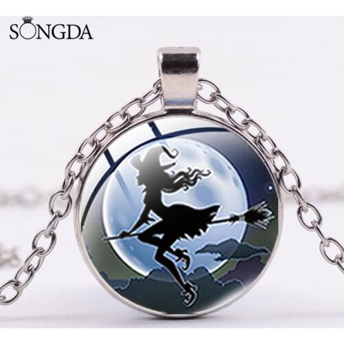 Magic Witcher Pendant Necklace for Men Women Broom Flying Witch Moon Art Pattern Gothic Choker Amulet Jewelry Gifts Accessories