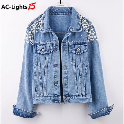 2022 Women Pearl Beading Short Denim Jackets Turn-down Collar Jean Jacket for Women Loose Casual Long Vintage Jean Coat Female