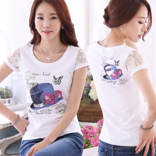 Plus Size Womens T-shirt Summer Lace Short Sleeve T-shirts Floral Cotton T Shirt Women Rhinestone T Shirt Tops Tees
