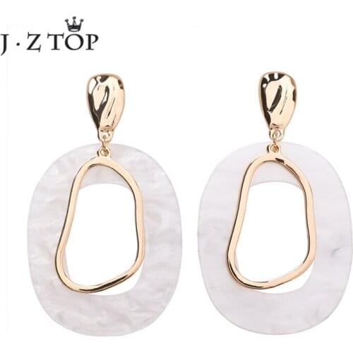 JZTOP Simple Women White Acrylic Earrings Hollow Long Oval Earrings Geometric Metal Irregular Stud Earring Fashion Jewelry