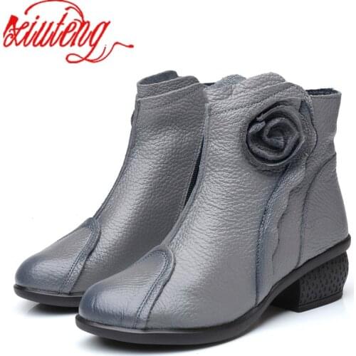 New Fashion Folk-custom Style Handmade Ankle Boots Flats Round Toe Back Zip Flats Boots Genuine Leather Winter Woman Shoes