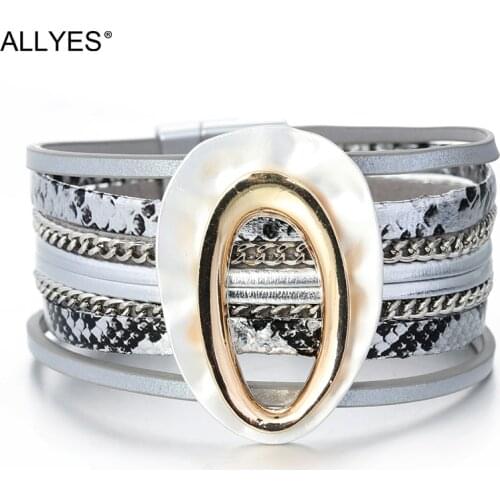 ALLYES Oval Charm Snake Grain Pattern Leather Bracelets for Women Fashion Elegant Ladies Wide Wrap Bracelet Femme Jewelry