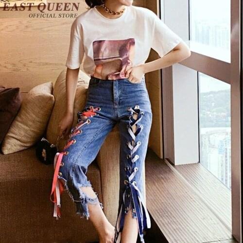 Women fashion jeans in spring mid waist straight tassel lace up jeans trousers streetwear pants woman with zipper fly NN0451 F