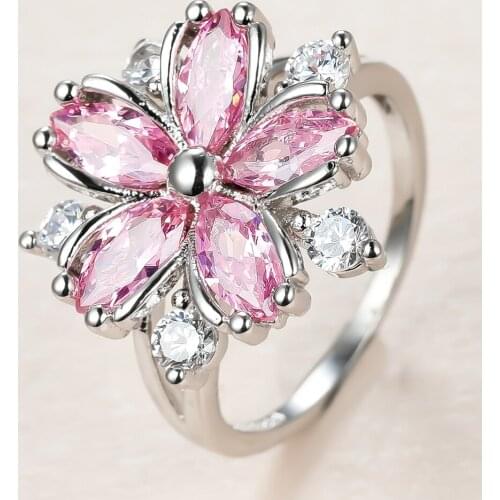 Female Cute Pink Crystal Stone Ring Vintage Silver Color Thin Wedding Rings For Women Dainty Bride Flower Zircon Engagement Ring