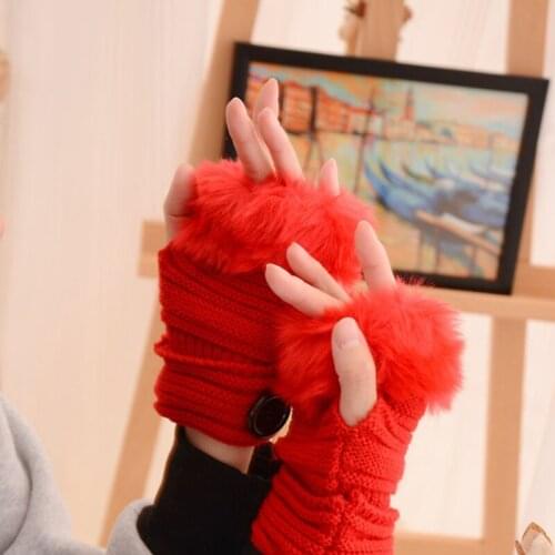 Women Girl Gloves Warm Winter Faux Rabbit Fur Wrist Fingerless Gloves Mittens Female Wool Blend Knitted Crochet Gloves