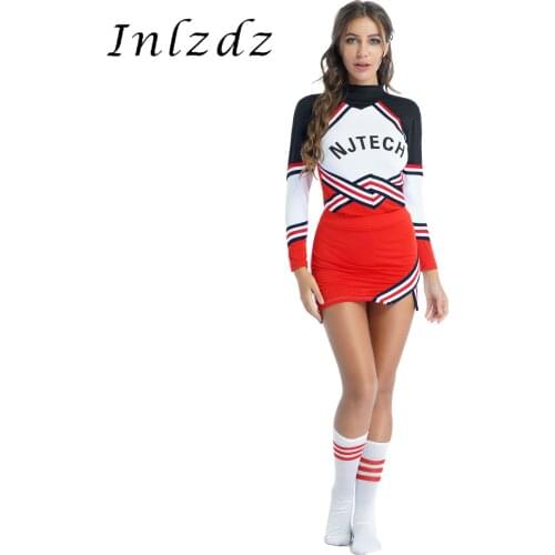 Schoolgirl Cheerleading Outfits Womens Cheerleader Role Play Costume Striped T-shirt with Mini Skirt Bowknot Headwear Stocking