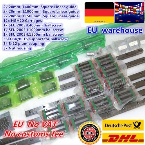 3sets Square Linear guide L-400/1000/1500mm & 3pcs Ballscrew SFU2005-400/1000/1500mm with Nut & 3set BK/B12 & Coupling for CNC