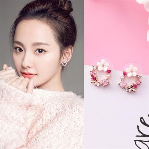 Trendy Jewelry Enamel Glaze Copper Fresh Sweet Garland Flowers Gem Women Stud Earrings New Fashion