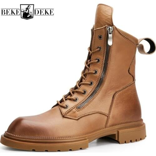 England Style Men High Top Genuine Leather Boots Autumn Winter Zipper Platform Work Boots High Quality Motorcycle Boots Male