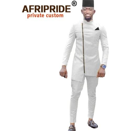 African Clothing for Men African Clothes Casual Men Long Top Shirts Pants and Hat 3 Piece Sets Bazin Riche Wedding Wear A2016039