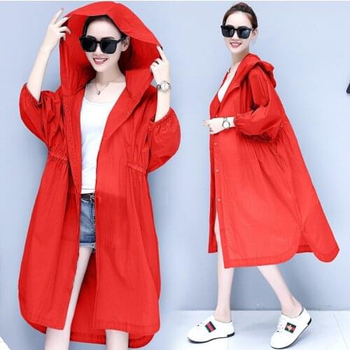 New summer travel womens wear loose-fitting hat in long thin windbreaker/suntan coat for women