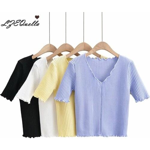 LZEQuella New Women Elegant Short Sleeve Patchwork Knitted Pullover Casual Blouse Ladies Chic V Neck Feminina Shirt Tops NZ3656