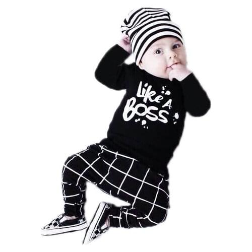 New autumn fashion baby clothing set infant boy outfits long sleeve black letter printed t-shirt+plaid pants infant clothes