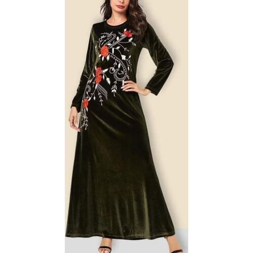 Autumn 2021Muslim Abaya Clothing Elegant Velvet Dress Embroidery Flowers Fashion Loose Plus Size Party Evening Maxi Dress Ladies