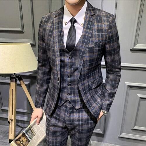 Blazers Mens Fashion Banquet Slim 2 Piece Suit Set / Male Business Plaid Jacket Pants Trousers Double Breasted Coat