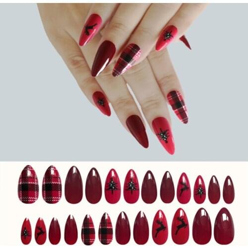 24Pcs/Set Detachable Short Oval Fake Nails Christmas Tree Elk Stiletto Full Nail Art Tips Red Beauty Artificial False Nails