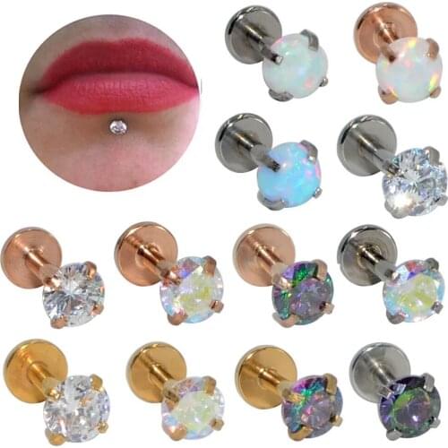 1PCG23 Titanium&Steel Bar Opal Zircon Gem Labret Lip Piercing Stainless Steel Ear Cartilage Tragus Helix Ring Jewelry