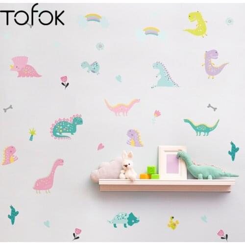 Tofok 49pcs/set Cartoon Dinosaur Plants DIY Wall Sticker Nordic Ins Style Children Room Bedroom Mural Decal Home Decoration